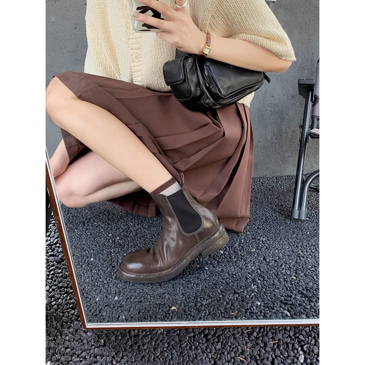 Washed Horse Leather Pleated Chunky Heel Platform Smoke Pipe Boots For Women-Womens Footwear-Zishirts