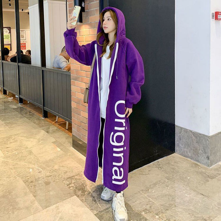 Loose-fitting Plus Size Pullover Hooded Fleece-lined Thickened Long Section Zipper Hong Kong Style Cardigan Dress-Women's Outerwear 2023-Zishirts