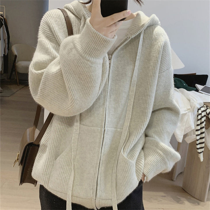 Women's Zipper Hooded Thick Knitted Cardigan-Sweaters-Zishirts