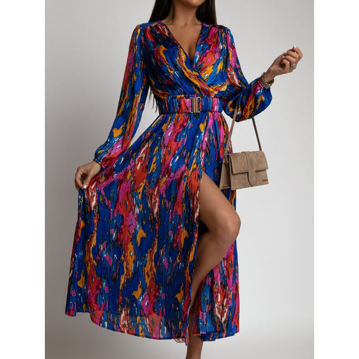 Fashion Printed V-neck Long Sleeve With Belt Dress-Lady Dresses-Zishirts