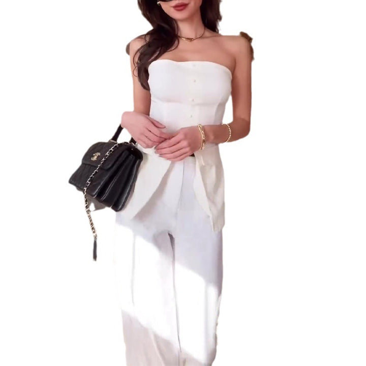 Women's Fashion Casual Off-neck Tube Top High Waist Straight-leg Pants Suit-0-Zishirts