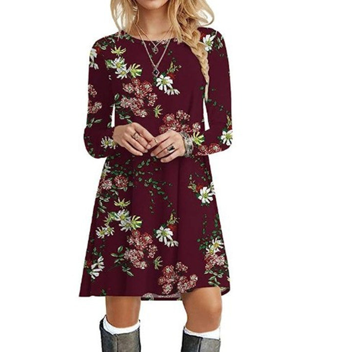 Casual Floral Print Round Neck Long Sleeve Holiday Dress-Lady Dresses-Zishirts