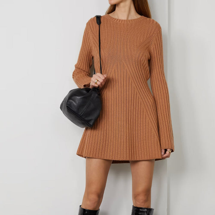 Women's Long-sleeved Knitted Dress Solid Color Casual Wool Woolen Skirt-Suits & Sets-Zishirts