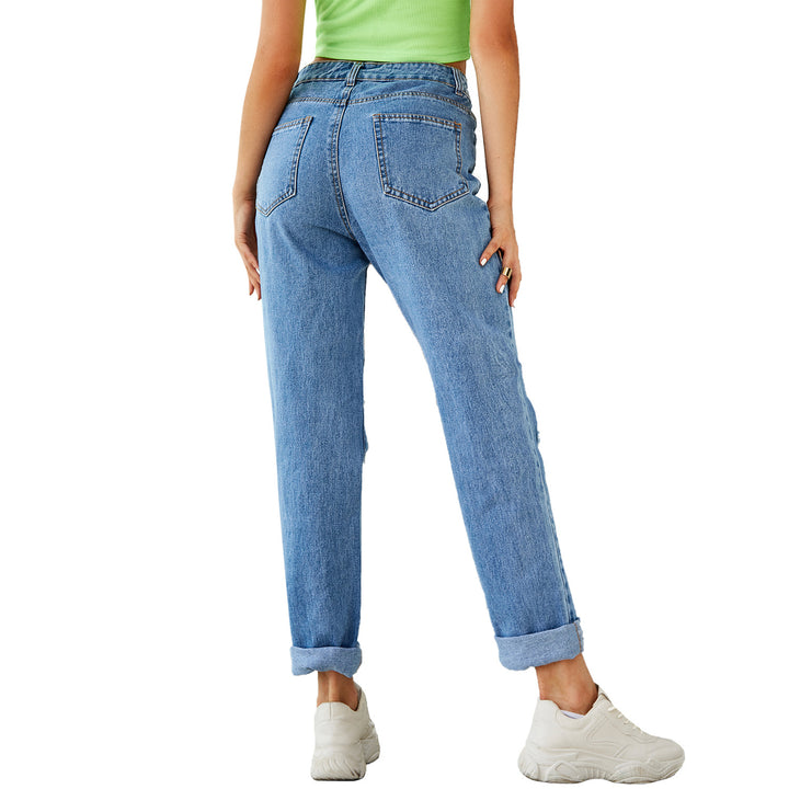 Women's Fashion High Waist Ripped Straight Denim Trousers-0-Zishirts