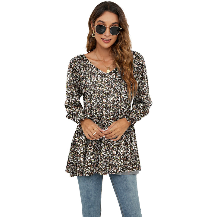 Women's Fashion Casual Printing Bubble Long Sleeve Waist Top-Blouses & Shirts-Zishirts