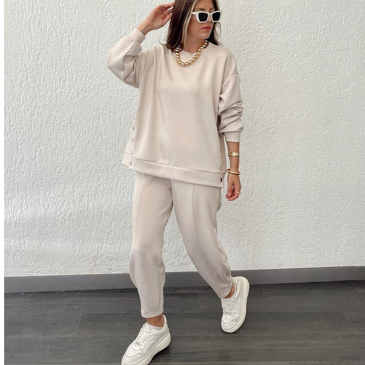 Metal Button Long Sleeve Shirt Sports Casual Ankle Banded Pants Suit-Women's Outerwear 2023-Zishirts