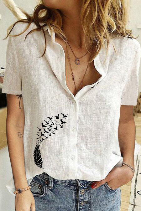 Women's Printed Linen Shirt Short Sleeve-Women's Outerwear 2023-Zishirts