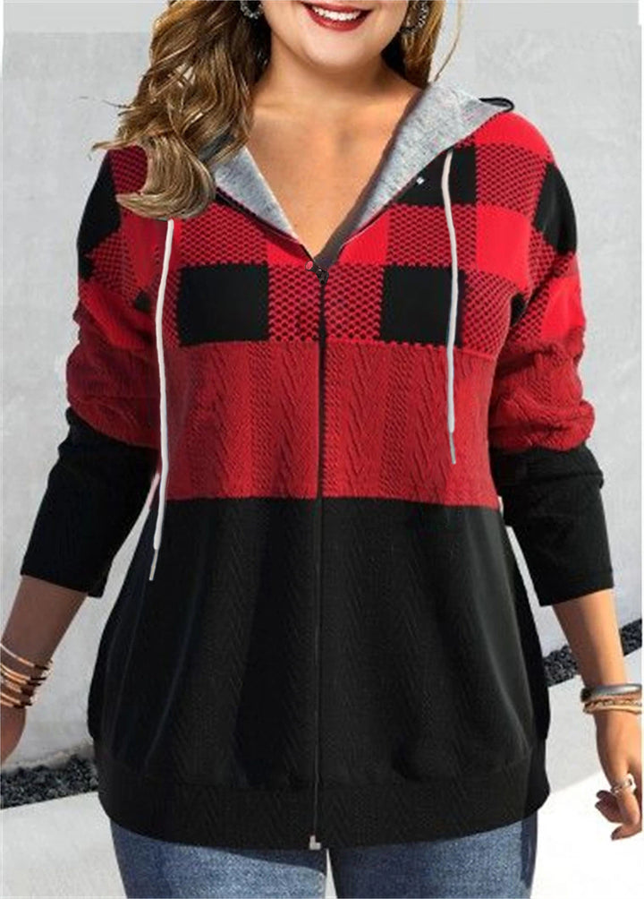 Women's Zipper Cardigan Hooded Plaid Printed Sweater-Womens 2024 March-Zishirts