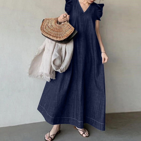 Denim Solid Color V-neck Bohemian Loose Large Size Long Dress-Lady Dresses-Zishirts