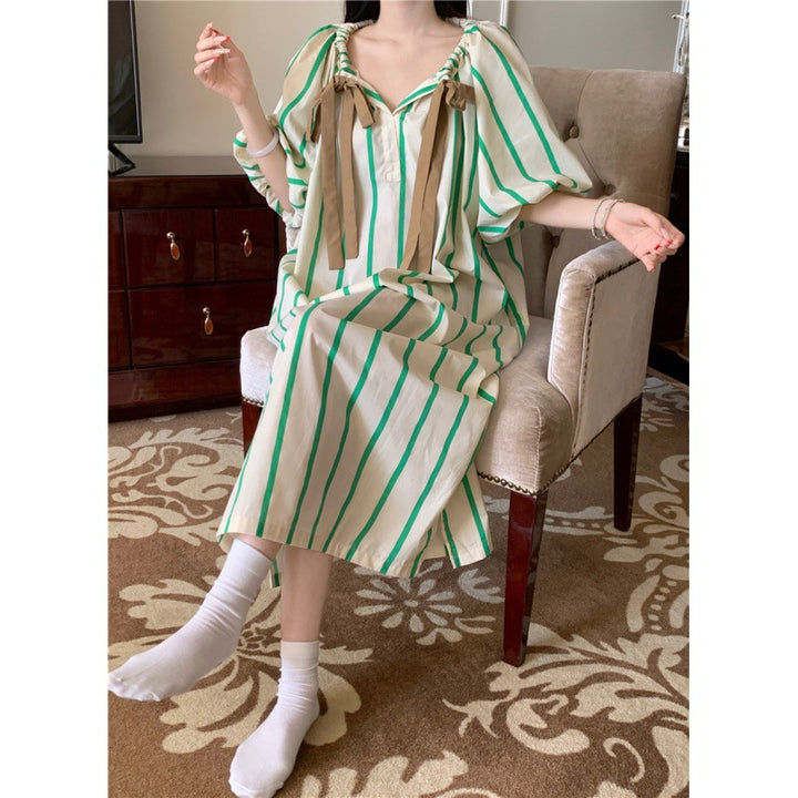 Women's Fashion Striped Loose Casual Contrast Color Nightdress-Womens 2024 March-Zishirts