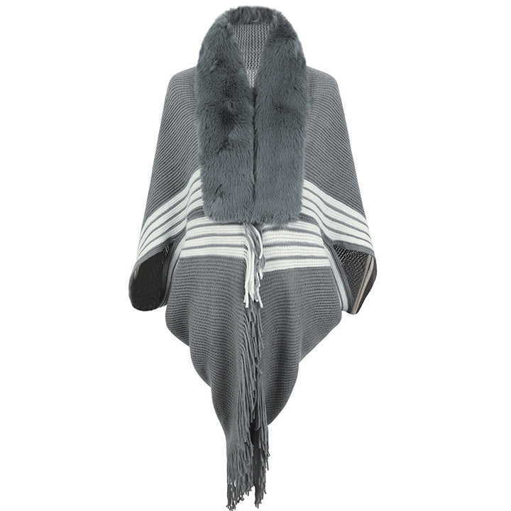 Tassel Cape And Shawl Women's Striped Fur Collar Scarf-Scarves & Wraps-Zishirts