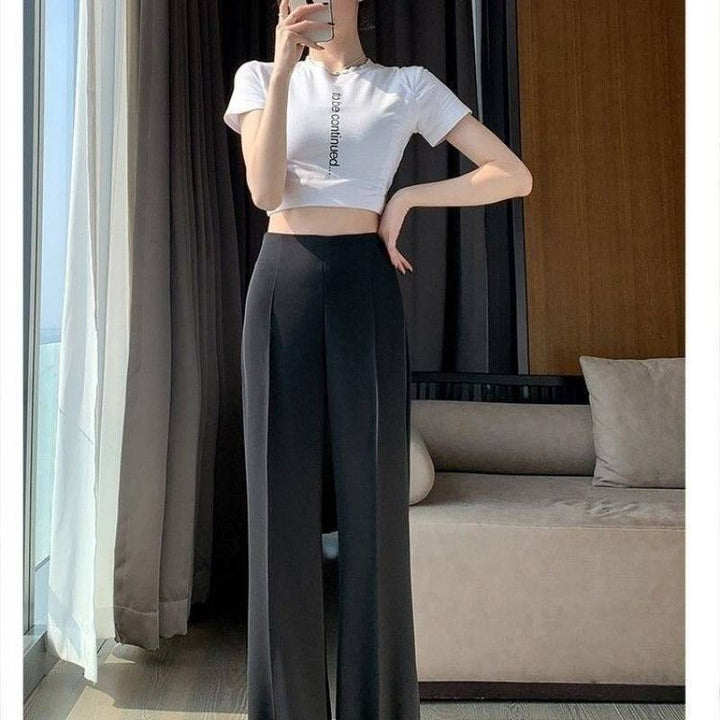 New Wide Leg High Waist Straight Slimming Draping Effect Casual Flared Pants-Suits & Sets-Zishirts