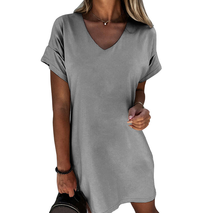 Women's Short Sleeve V-neck Solid Color Loose Dress-Women's Outerwear 2023-Zishirts