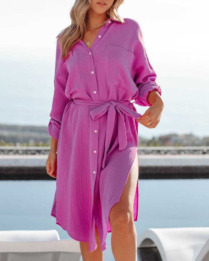 Women's Solid Color Long-sleeved Shirt Dress-Lady Dresses-Zishirts