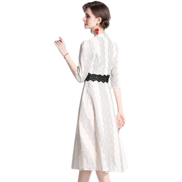 Apricot Lace Embroidery Gentle Slim Fit Graceful And Fashionable 7-point Sleeve Dress-Womens 2024 March-Zishirts