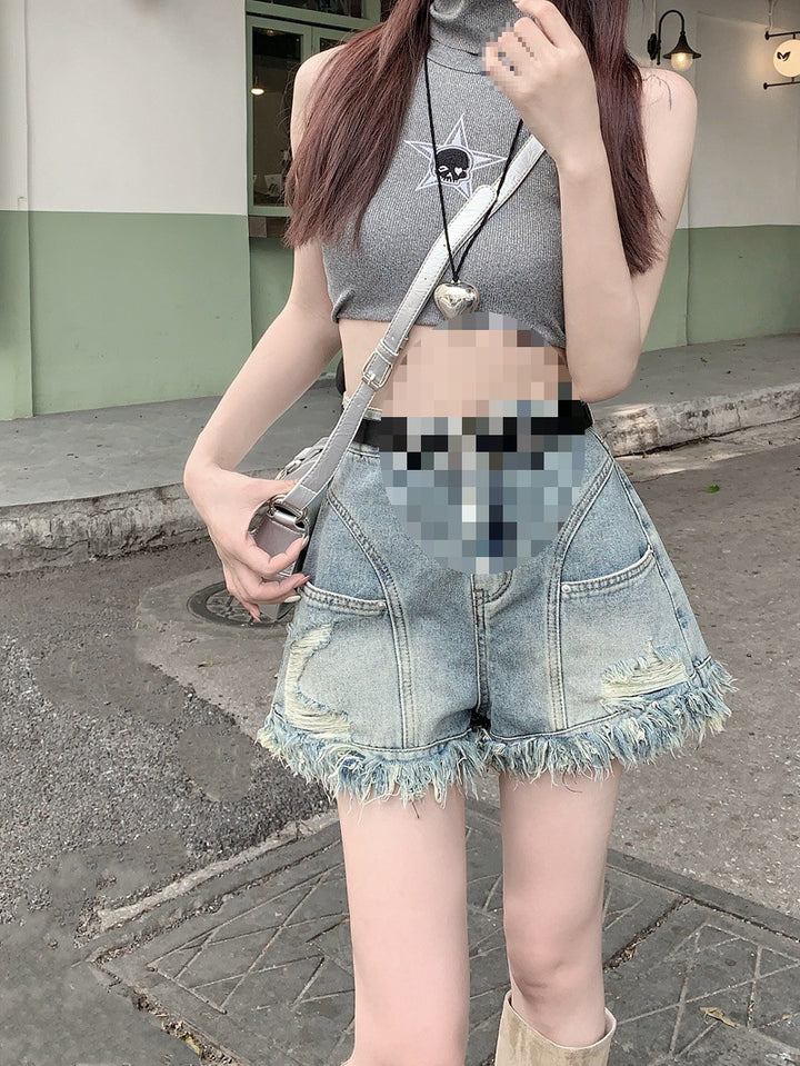 Ripped Denim Shorts Wide Leg Frayed Hem A- Line Retro High Waist-0-Zishirts