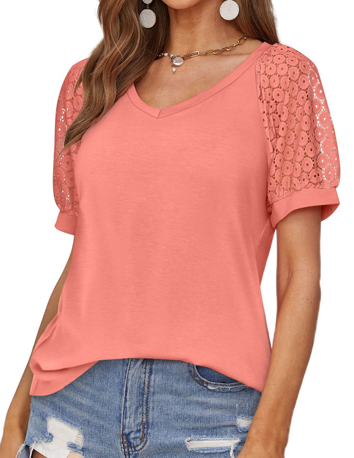 V-neck Lace Stitching Casual T-shirt For Women-Blouses & Shirts-Zishirts