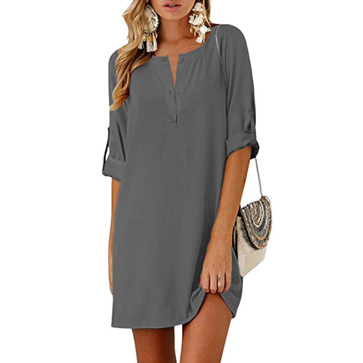 Cotton And Linen Loose 34 Sleeve Mid-length Dress-Women's Outerwear 2023-Zishirts