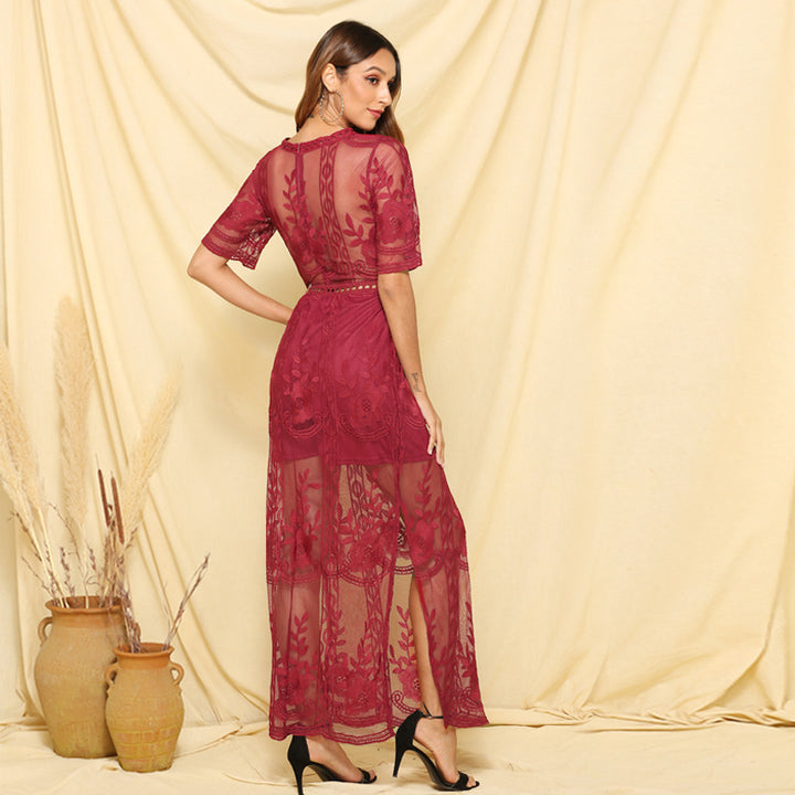 Embroidery Lace Deep V Split Holiday Lace Stitching Dress-Womens 2024 March-Zishirts