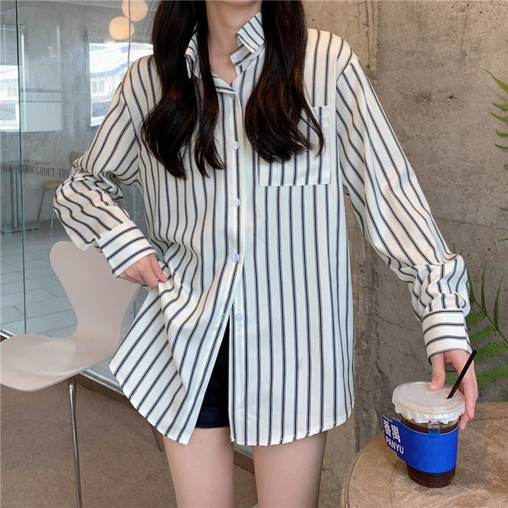 Women's Vertical Striped Long-sleeved Shirt-Womens 2024 March-Zishirts