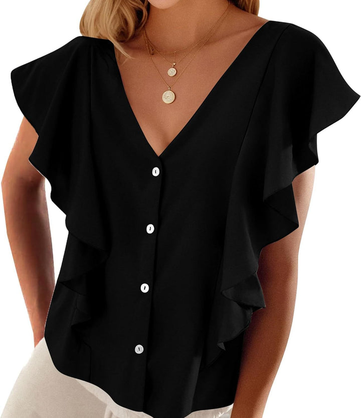 Women's Top Pleated Cover Ruffle Sleeve V-neck-Womens 2024 March-Zishirts