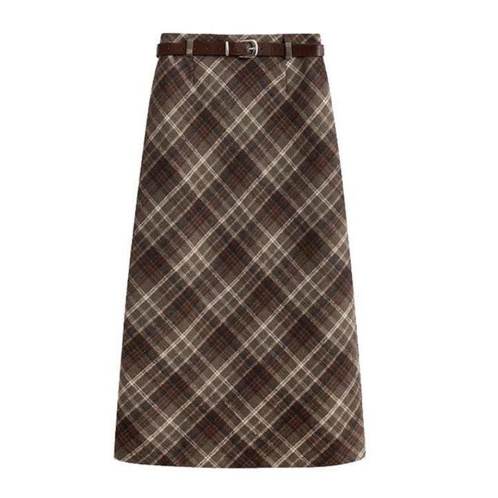 High Waist Mid-length Woolen Plaid Skirt For Women-Women's Outerwear 2023-Zishirts