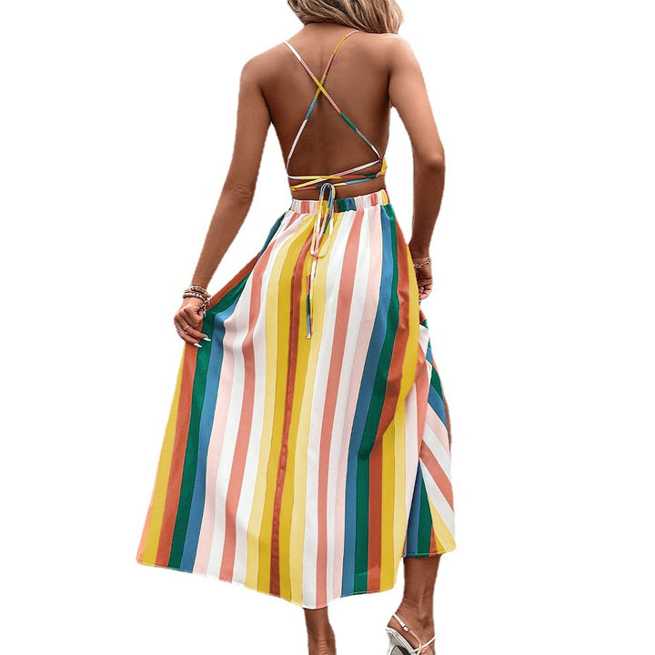 V-neck Rainbow Bar Slit Tied Spaghetti-strap Dress Summer-Womens 2024 March-Zishirts