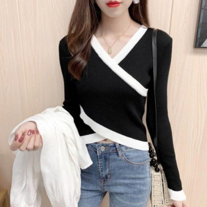 Women's Fashion Simple Cross V-neck Irregular Sweater-Women's Outerwear 2023-Zishirts