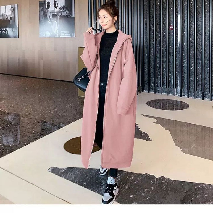 Loose-fitting Plus Size Pullover Hooded Fleece-lined Thickened Long Section Zipper Hong Kong Style Cardigan Dress-Women's Outerwear 2023-Zishirts