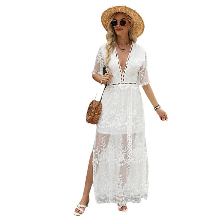 Embroidery Lace Deep V Split Holiday Lace Stitching Dress-Womens 2024 March-Zishirts