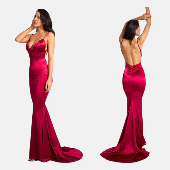 New Backless Satin Evening Dress Strap V-neck Trailing Formal Swing Dress Long Dress-Womens 2024 March-Zishirts