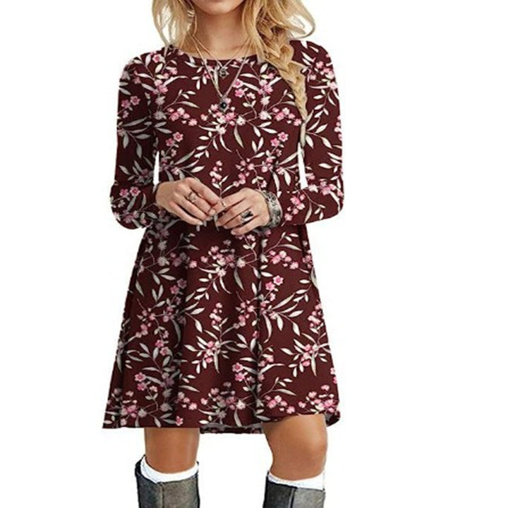 Casual Floral Print Round Neck Long Sleeve Holiday Dress-Lady Dresses-Zishirts