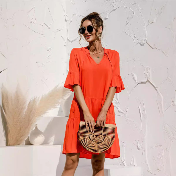 V-neck Flared Sleeves Cake Stitching Dress-Womens 2024 March-Zishirts