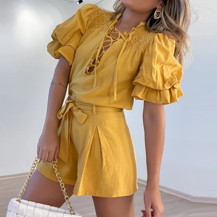 Women's Fashion Solid Color Stand Collar Oversleeves Shirt Top Shorts Two-piece Set-Suits & Sets-Zishirts