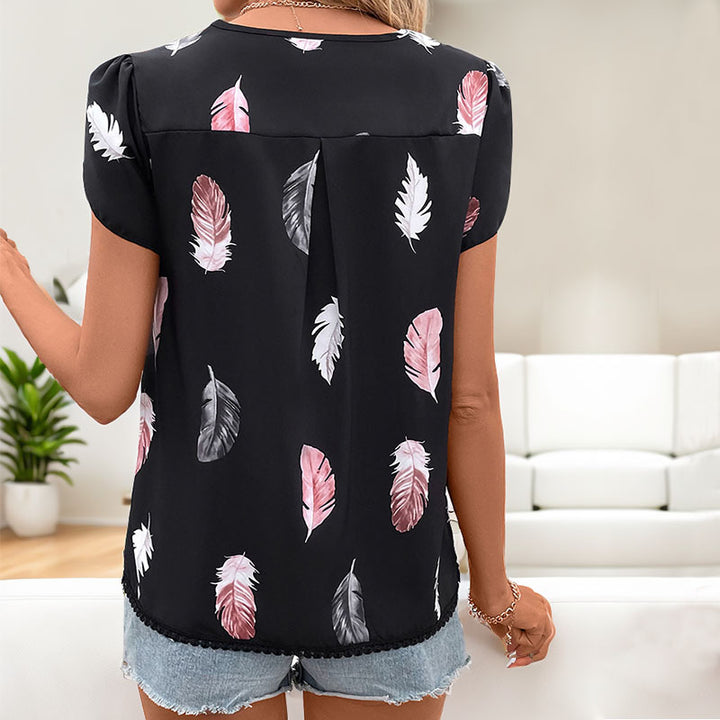 Women's Casual V-neck Feather Printed Shirt-Womens 2024 March-Zishirts