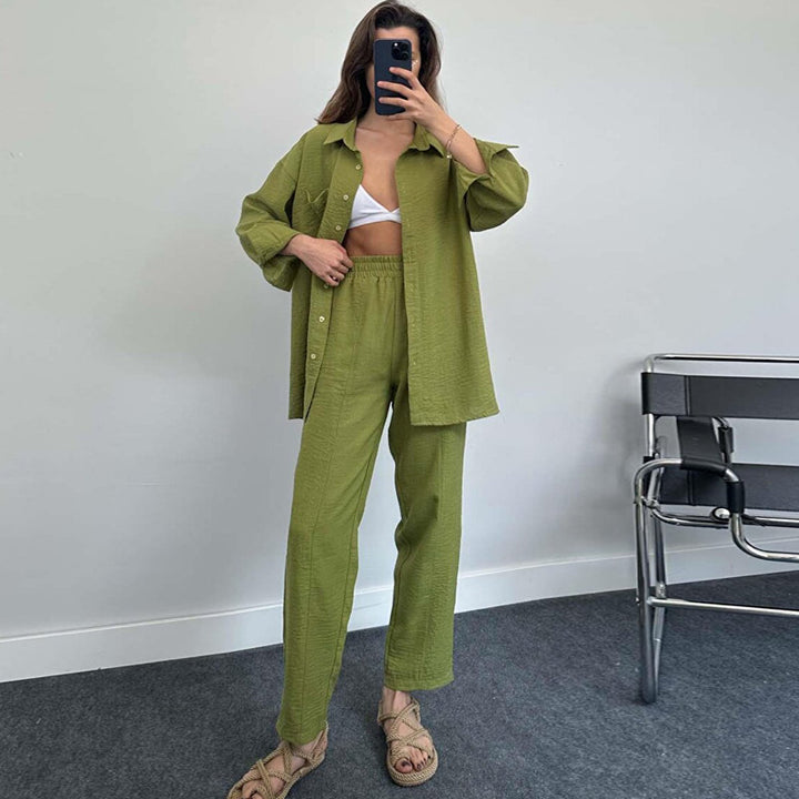 Women's Fashion Casual Solid Color Shirt And Trousers Two-piece Set-Suits & Sets-Zishirts