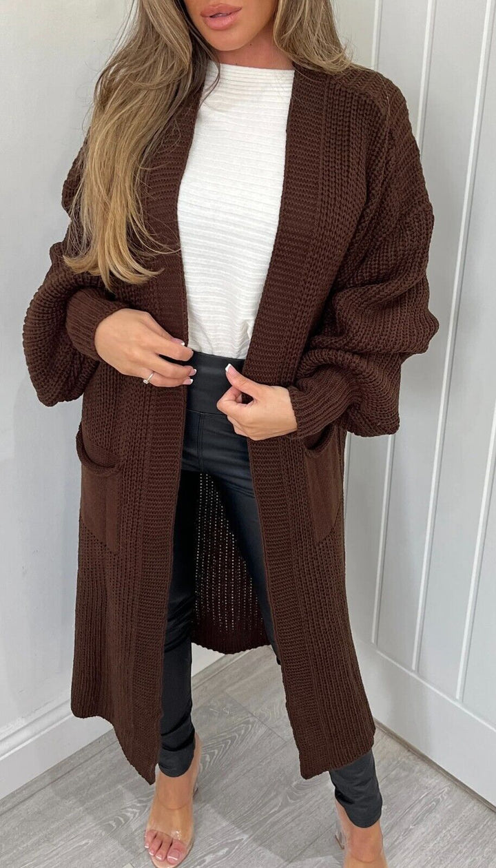 Solid Color Knitwear Pocket Cardigan Mid-length Sweater Women's Coat-Sweaters-Zishirts