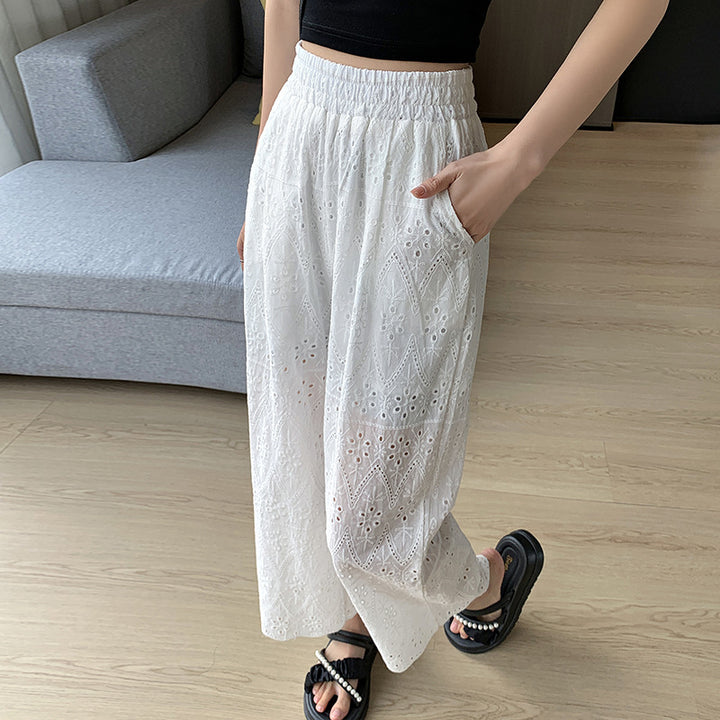 Straight Wide-leg Women's Loose White Embroidered Hollow Casual Pants-0-Zishirts