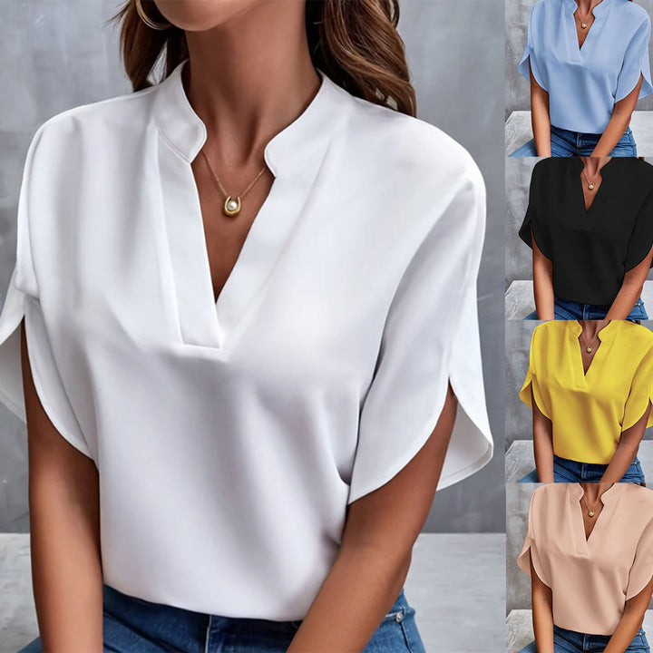 Summer New V-neck Shirt Women's Pure Color Casual Versatile Short-sleeved Shirt-Womens 2024 March-Zishirts