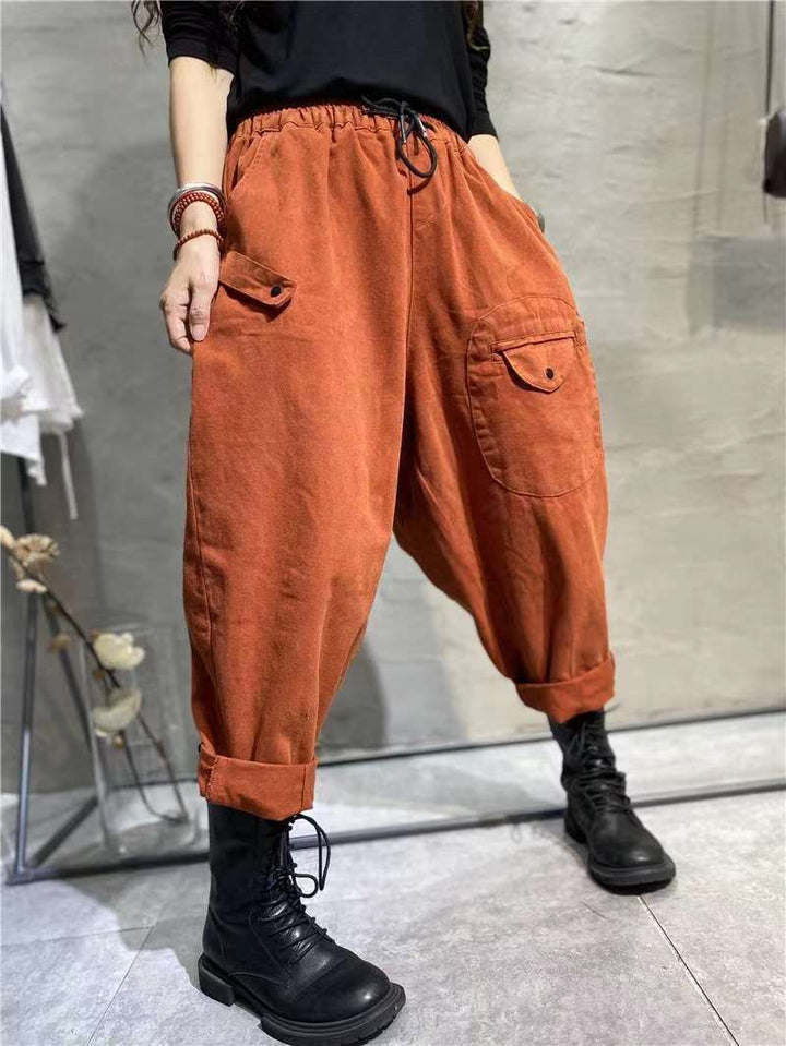 Korean Style Elastic Waistband Patch Pocket Overalls For Women-0-Zishirts