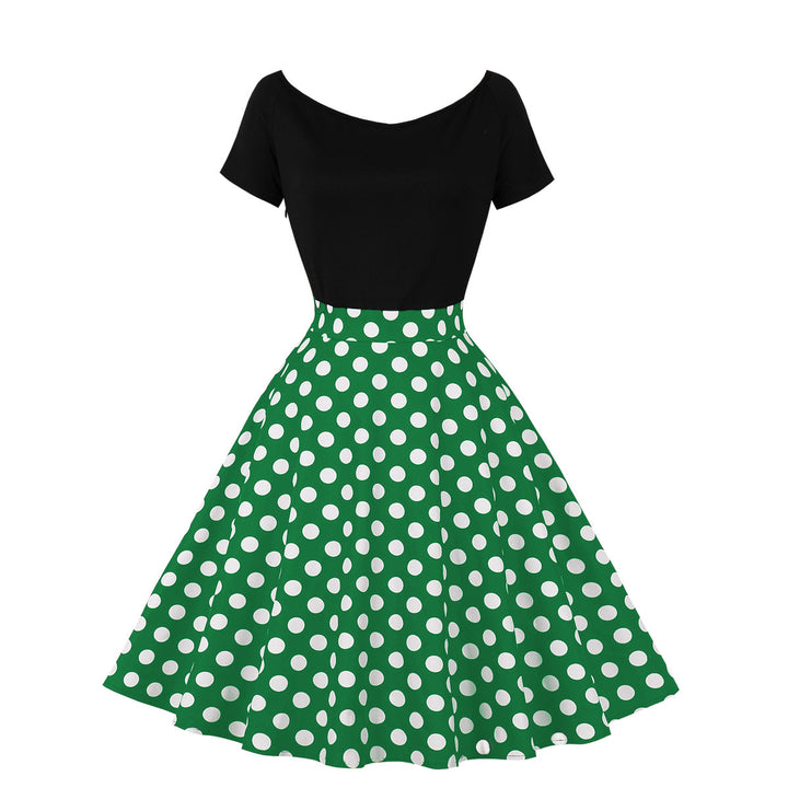 Short Sleeve Stitching Contrast Color Retro Polka Dot Swing Dress-Womens 2024 March-Zishirts