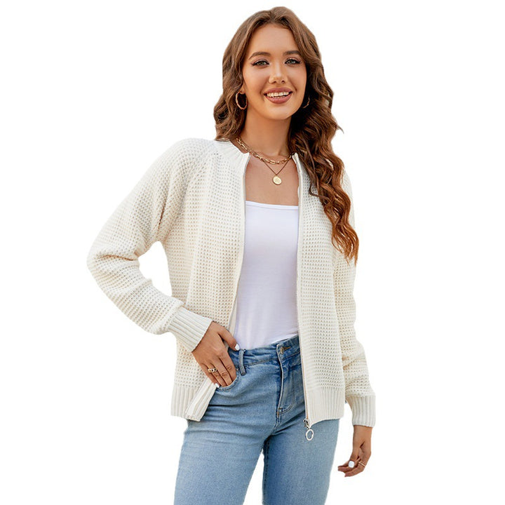 Sweater Cardigan Women's Solid Color Zipped Round Neck Knitwear Coat-Sweaters-Zishirts