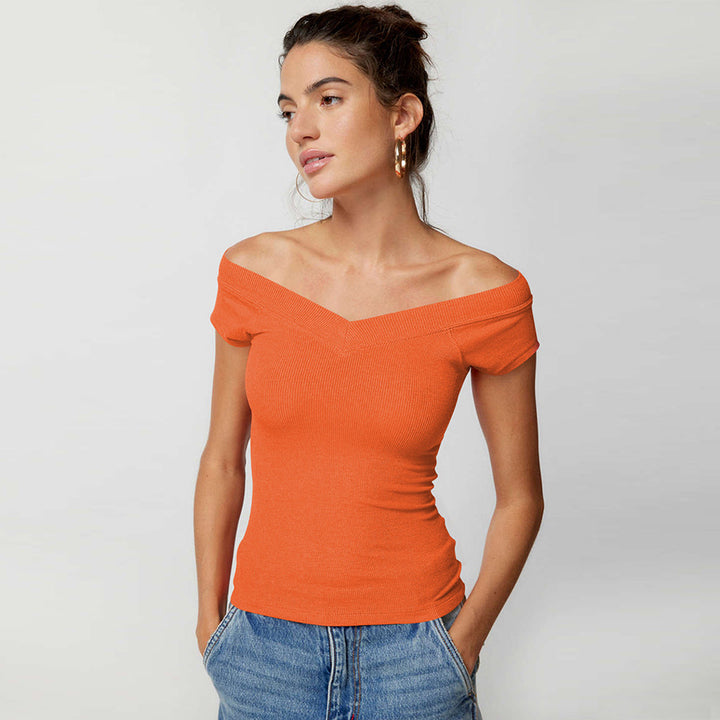 Solid Color T-shirt Cross-border Springsummer Skinny V-neck Knitwear Sexy Hot Girl Top-Women's Outerwear 2023-Zishirts