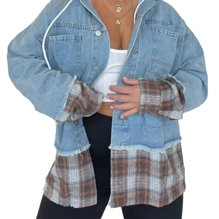 Women's Fashion Casual Denim Plaid Coat-Jackets-Zishirts