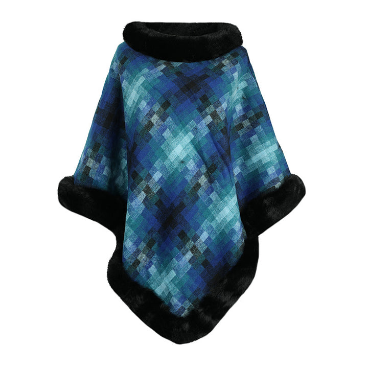 Cape Colored Plaid Thermal Knitting Shawl Women's Coat-Scarves & Wraps-Zishirts