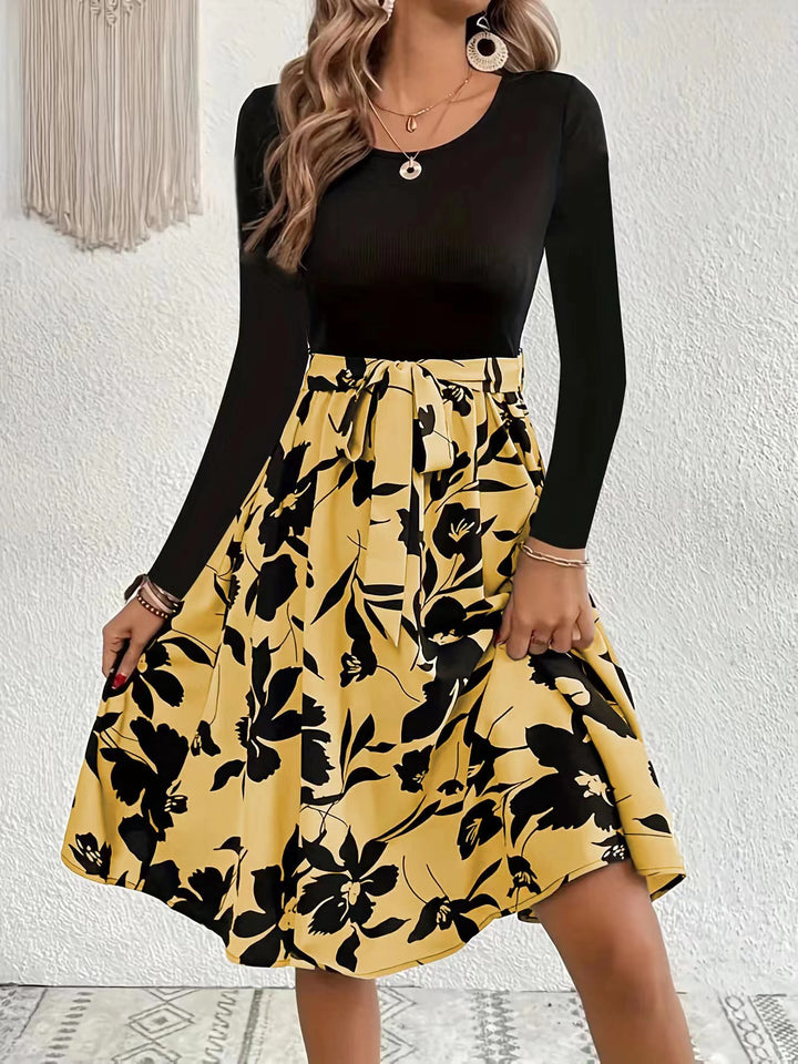 Women's Dress Printed Dress Round Neck Tied-Lady Dresses-Zishirts