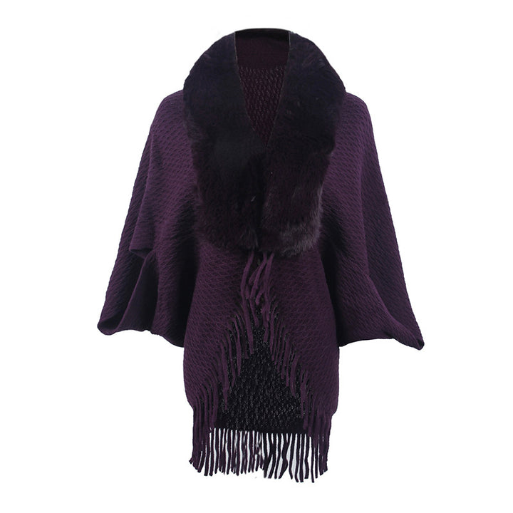 Drizzling Fur Collar Knitted Tassel Cape Coat Women-Scarves & Wraps-Zishirts