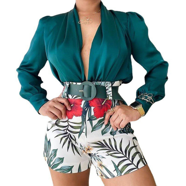 Women's Fashion Casual V-neck Long-sleeved Printed Shorts Two-piece Set-Suits & Sets-Zishirts