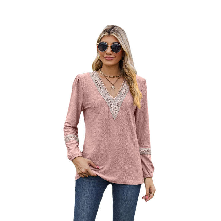 Lace V-neck Patchwork Long Sleeve Loose-fitting T-shirt Top-Blouses & Shirts-Zishirts