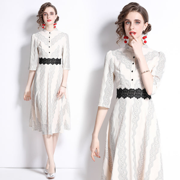 Apricot Lace Embroidery Gentle Slim Fit Graceful And Fashionable 7-point Sleeve Dress-Womens 2024 March-Zishirts